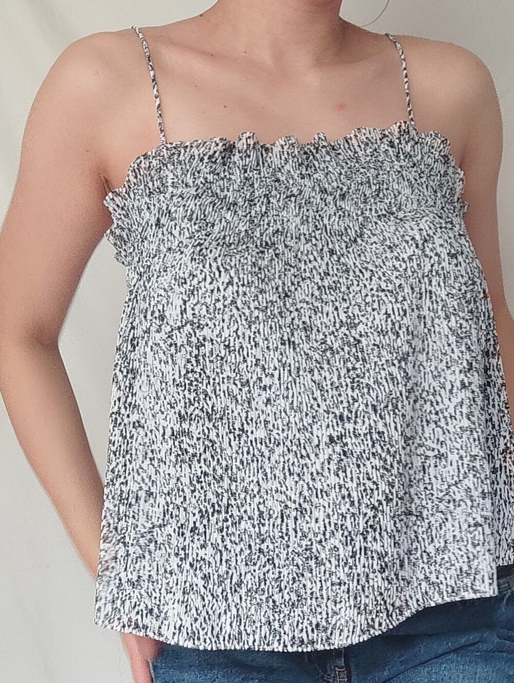 Banana Republic Black & White Patterned Flared Spaghetti Strap Top
